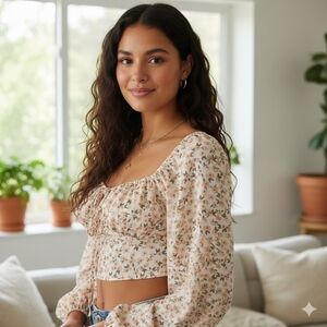 💣 5 For $20 (NWOT) SHEIN Orange and Cream Flowery Crop Top with Puffed Sleeves